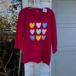NWT Kim Rogers Fun Raspberry Multicolored Conversation Hearts Top